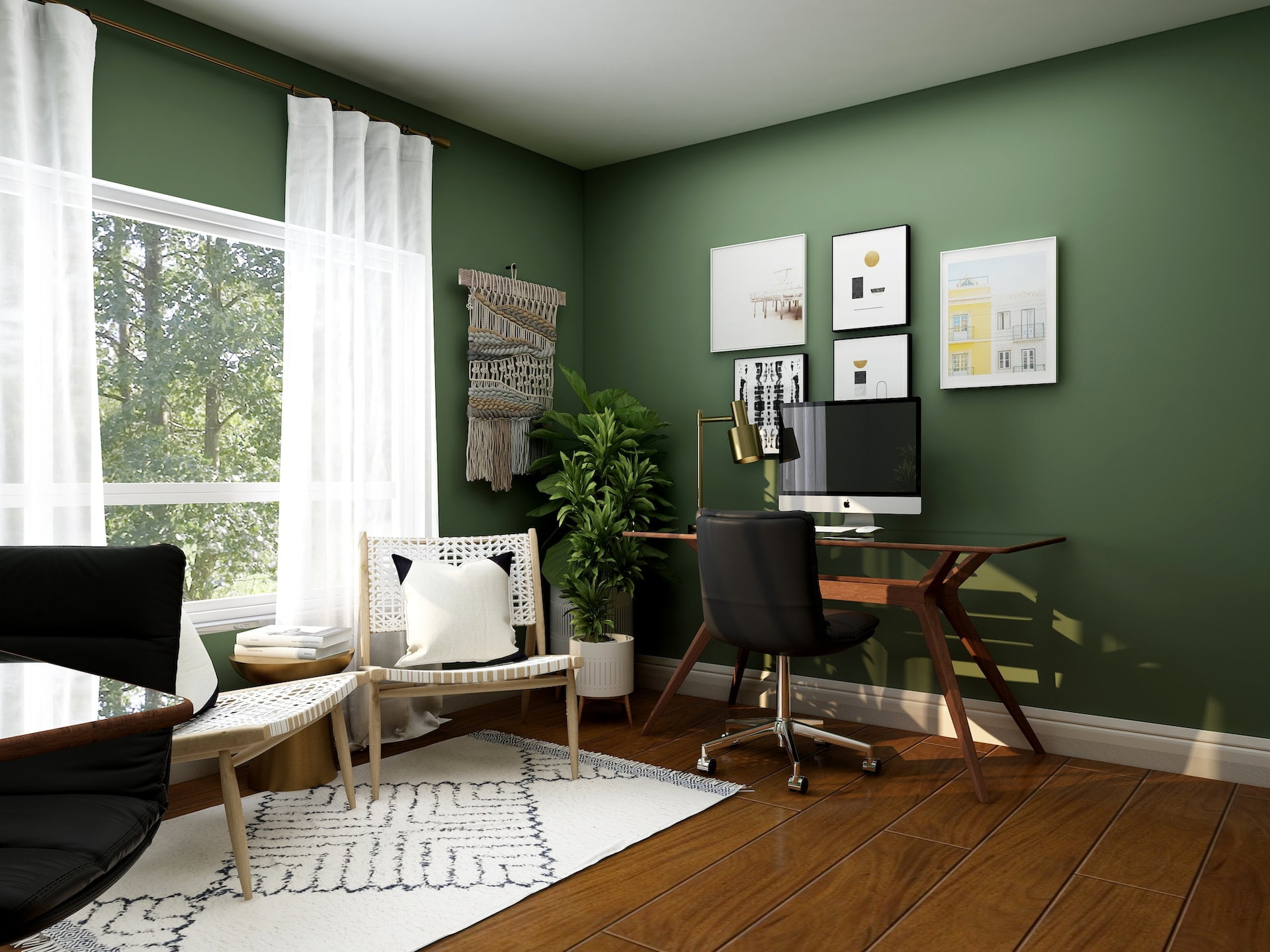 green home office with large windows