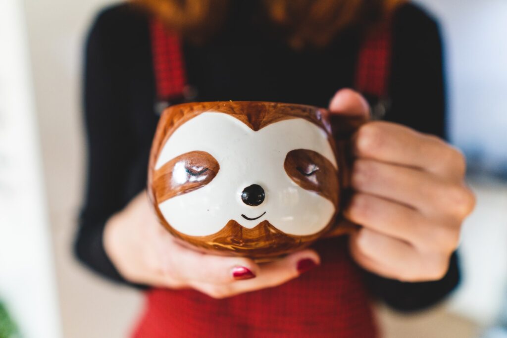 person holding sloth mug