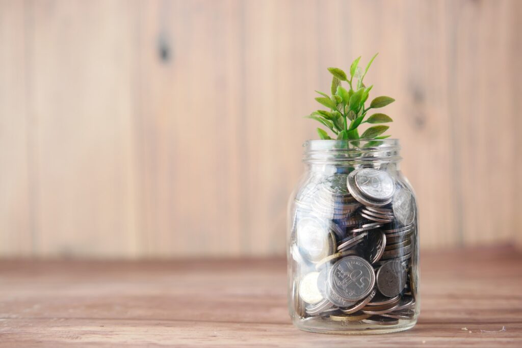 jar of coins with small green plant growing from it